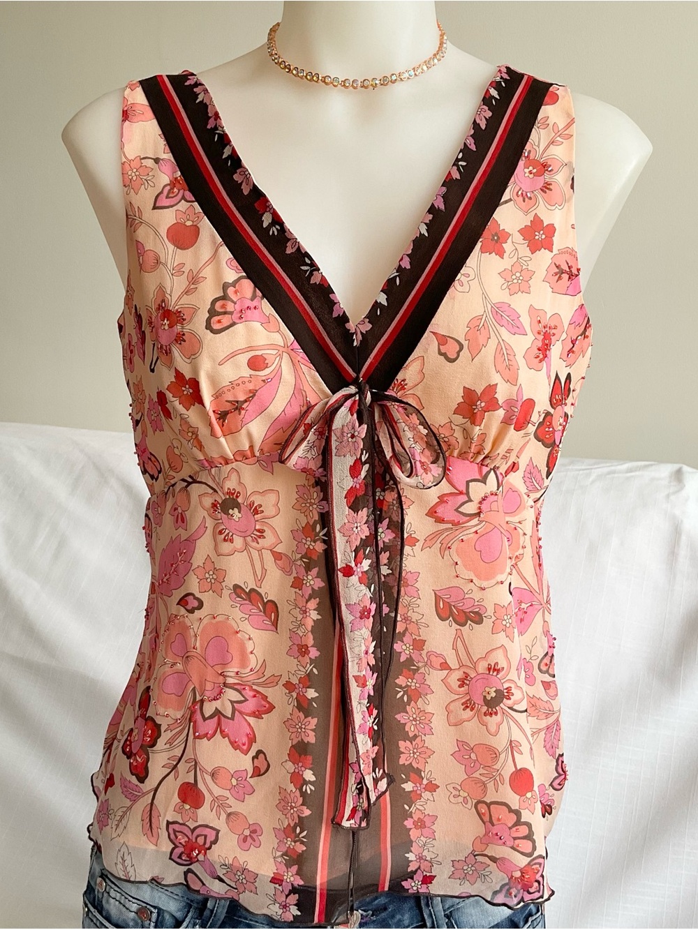 New York City Design Co | Vintage Y2K Silk Beaded Floral Empire Waist Cami | S